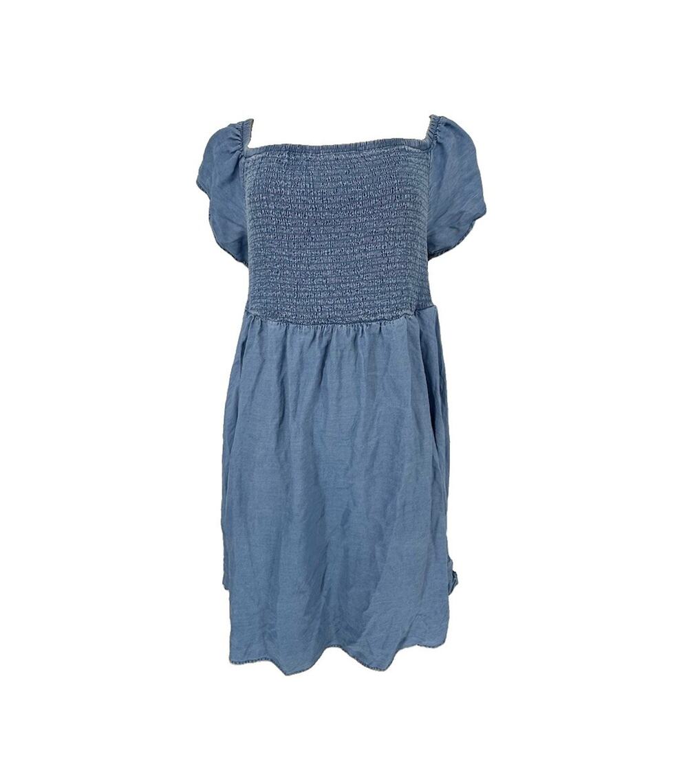 Torrid Plus Size 2X Women Blue Chambray Off-Shoulder Smocked Skater Dress AB4